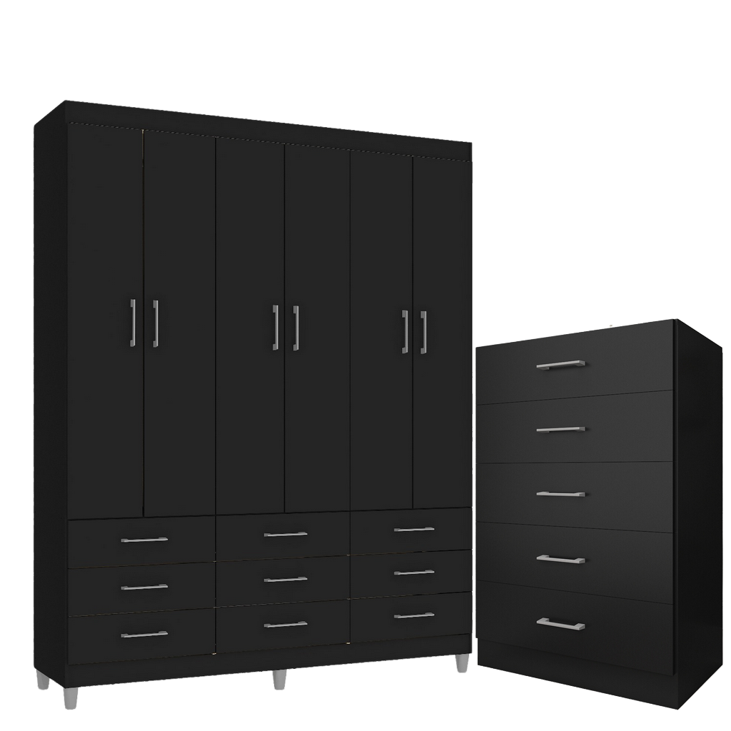 Guarda-Roupa 6 Portas Paraty 3690 + Cômoda 5 Gavetas Aruba Preto - FELLICCI - Imagem 2