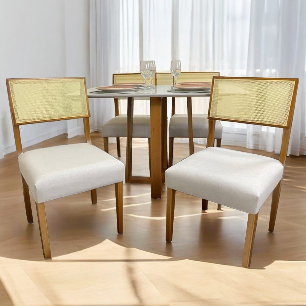 Mesa Pedro 90 Mel/Off White + 4 Cadeiras Grécia Mel/Linho Bege – ART ASSENTOS + HR MOVELARIA