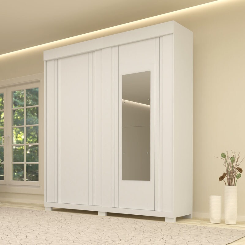 Guarda-Roupa Casal Heloisa c/Espelho 2 Portas 3 Gavetas MDF Larg. 1.80m Branco Com Pés ACP