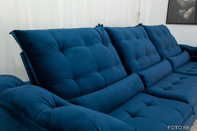 Sofá Retrátil Reclinável 3.20m Emanuelly Veludo Azul 03 - D28 Soft - Imagem 7