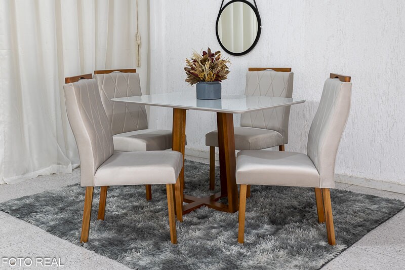 Mesa de Jantar Pedro Mel Vidro Off 120×80 4 Cadeiras Lisboa Veludo Bege 512 Madeira Maciça Art Assento - Entregue Montada