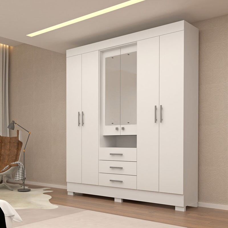 Guarda-Roupa Casal Débora c/Espelho 6 Portas 3 Gavetas MDF Larg. 1.78m Branco Com Pés ACP