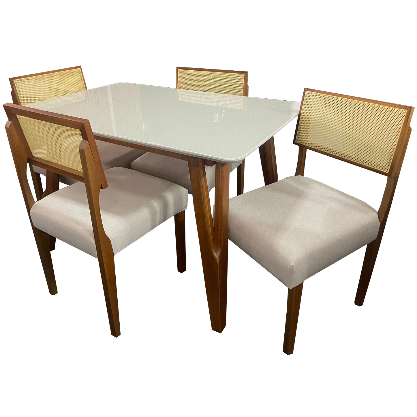 Mesa Siena 120 Mel/Off White com 4 Cadeiras Grécia Mel/Linho Bege – ART ASSENTOS + HR MOVELARIA - Imagem 2