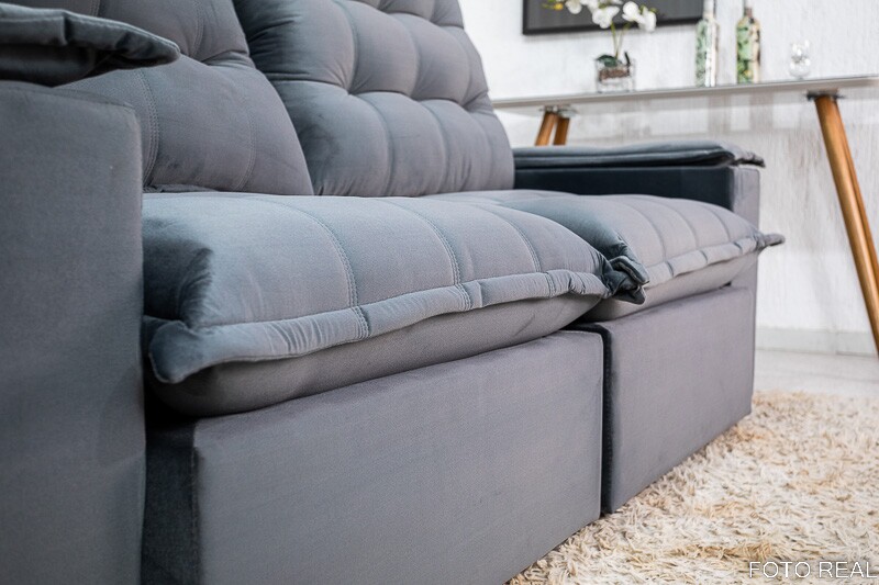 Sofá Retrátil Reclinável Atenas Veludo Cinza 814 Larg. 2.10m - D33 e Molas Ensacadas