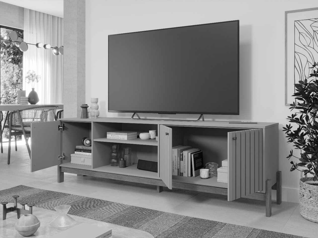 Rack Holanda Cinamomo Ripado 100% MDF Larg. 2.05m + Painel Maragogi Cinamomo Ripado 100% MDF Larg. 2.30m - Permobili - Imagem 2