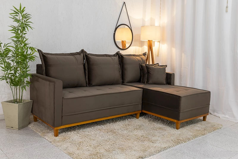Sofá 3 Lug. Com Chaise Lado Esquerdo Milão Larg. 2.30m Veludo Marrom 815 - Molas Ensacadas