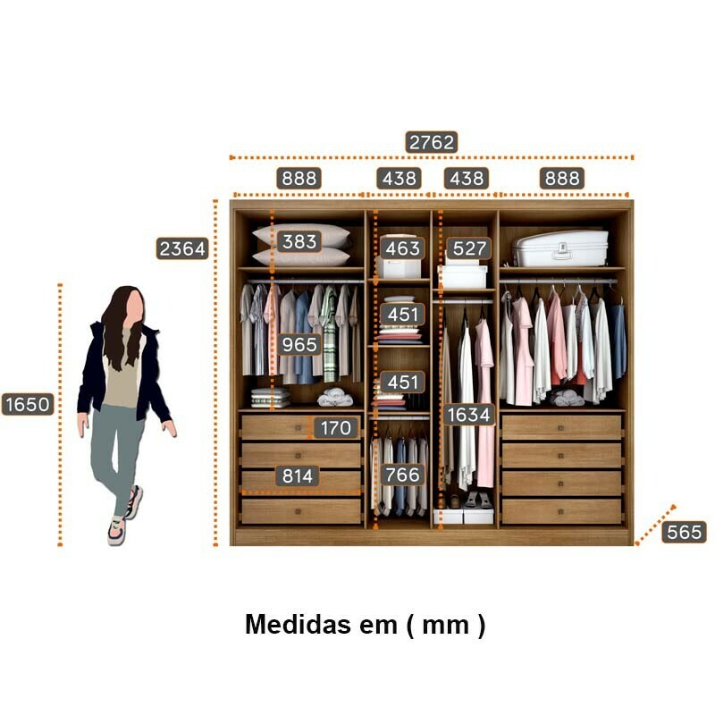 Guarda-Roupa Casal 6 Pts 8 Gav. Robust Plus 100% MDF Cumaru Larg. 2.76m Novo Horizonte - Imagem 2
