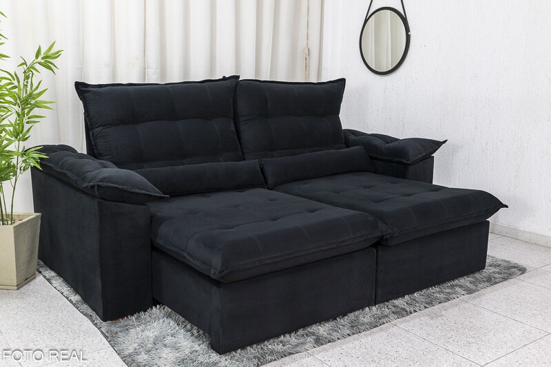 Sofá Retrátil Reclinável Emanuelly Veludo Preto 21 Larg. 2.30m - D28 Soft - Imagem 2