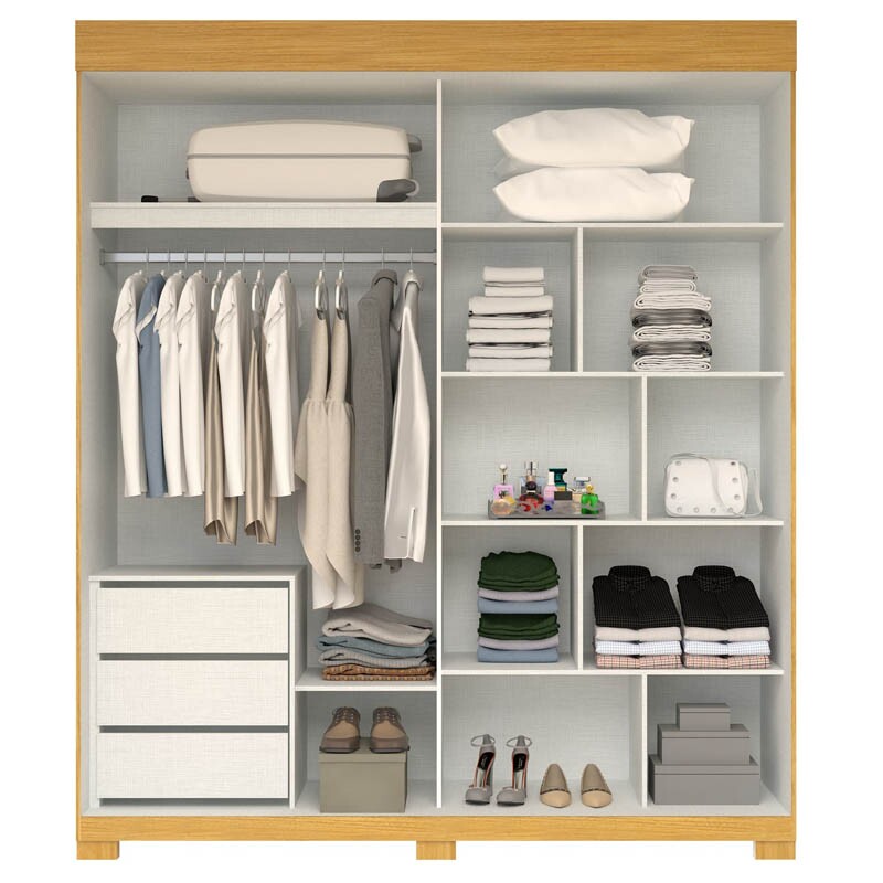 Guarda-Roupa Casal Heloisa c/Espelho 2 Portas 3 Gavetas MDF Larg. 1.80m Nature/Off Com Pés ACP - Imagem 2
