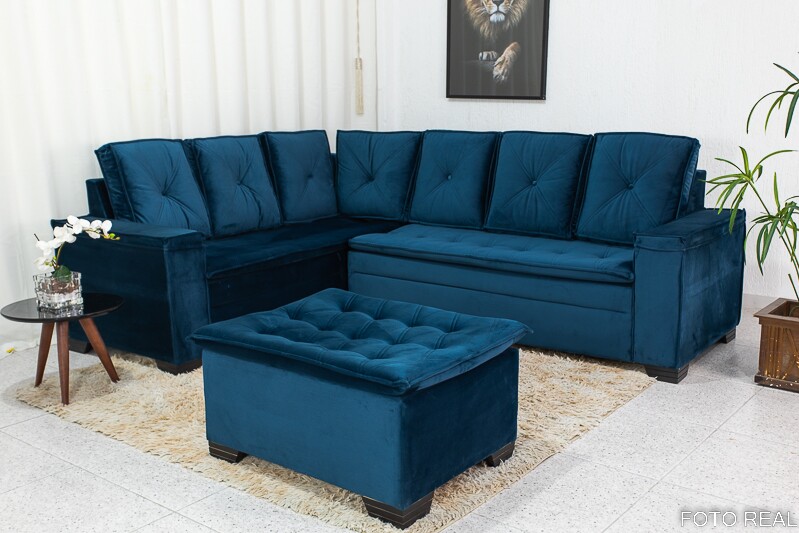 Sofá Canto 5 lugares com Puff Alemanha Veludo Azul A16 - Imagem 2