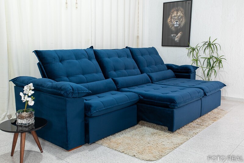 Sofá Retrátil Reclinável 3.20m Emanuelly Veludo Azul 03 - D28 Soft - Imagem 3
