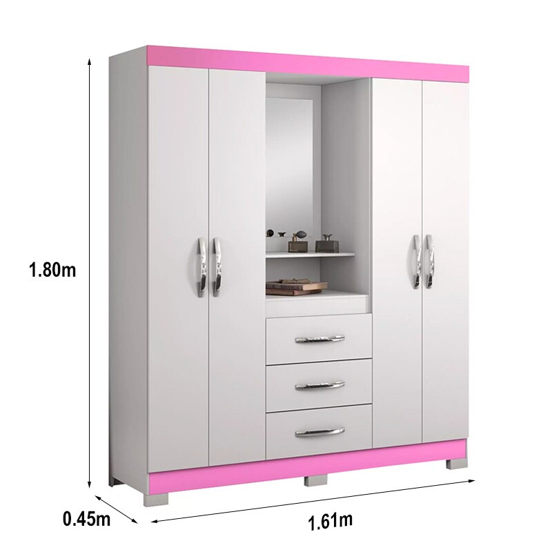 Guarda-Roupa Solteiro 4 portas NT 5015 Branco/Rosa Flex Com Pés Notável - Imagem 3