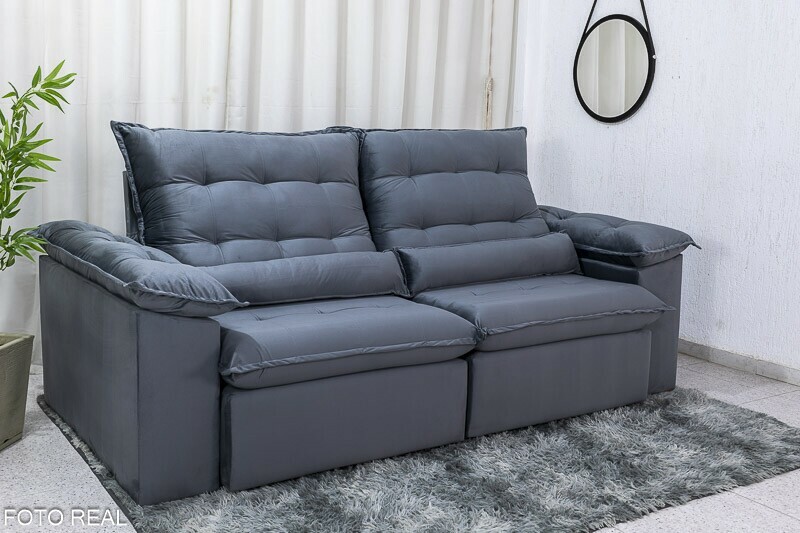 Sofá Retrátil Reclinável 2.30m Emanuelly Veludo Cinza 20 - D28 Soft - Imagem 3