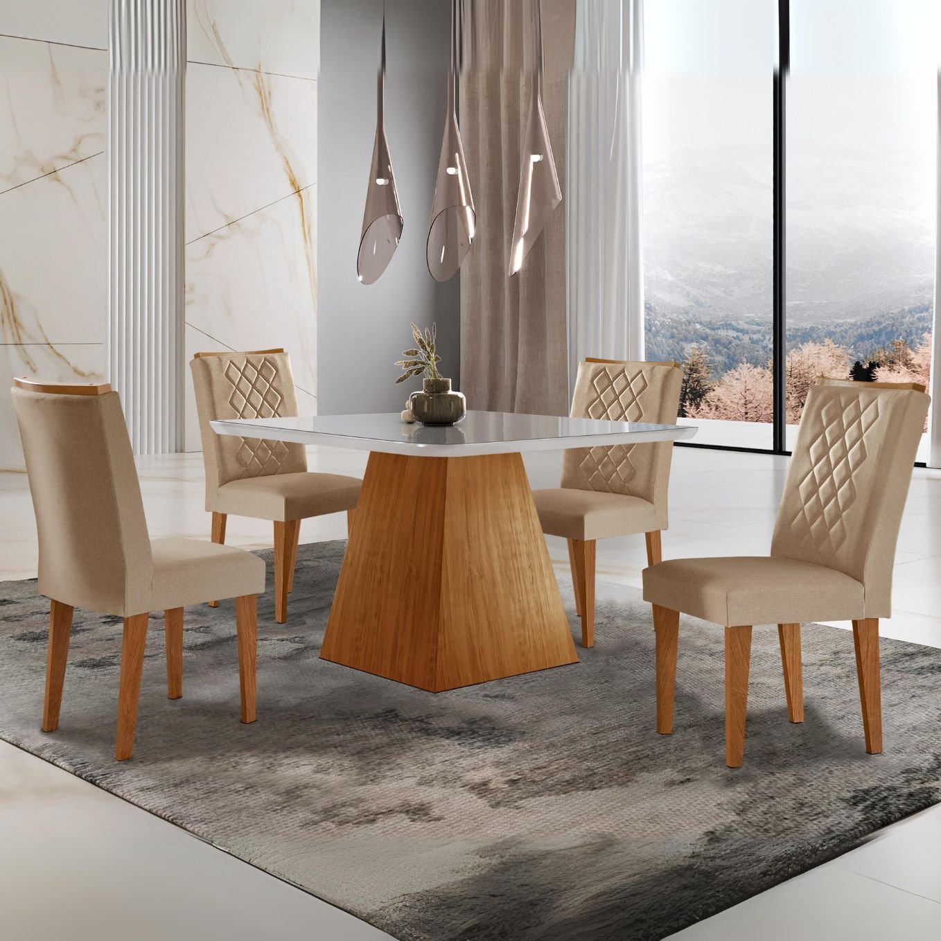 Mesa Luna 90 Canto Copo Imbuia/Ripado/Off White com 4 Cadeiras Jade Linho Turim 07 – RUFATO