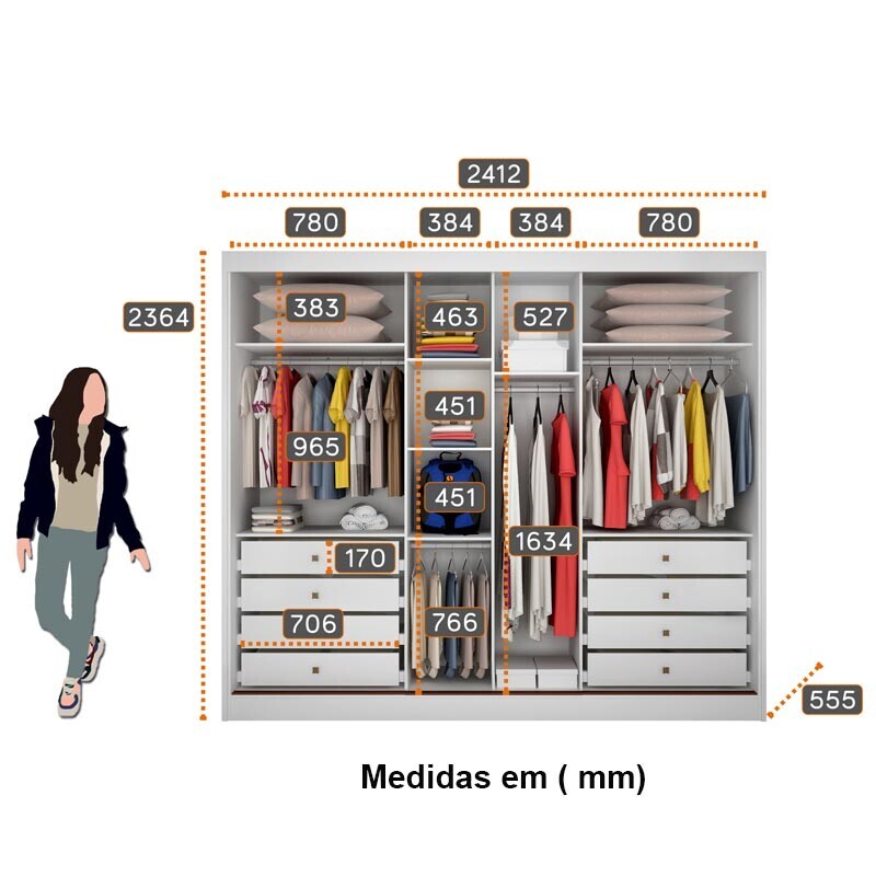 Guarda-Roupa Casal 3 Pts 8 Gav. Diamond Plus c/1 Espelho MDF Branco Larg. 2.41m Novo Horizonte - Imagem 3
