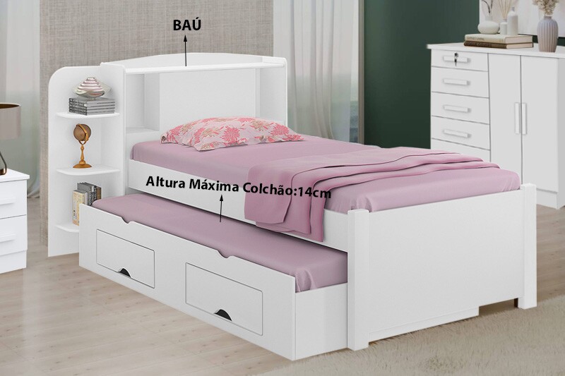 Cama Solteiro Milênio + Cama Auxiliar 2 Gavetas Branca - D Doro - Imagem 3