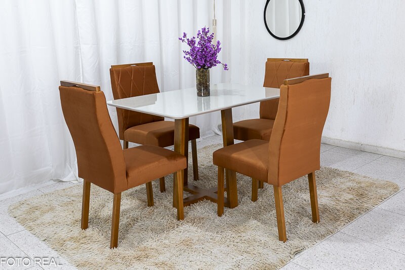 Mesa de Jantar Pedro Mel Vidro Off 120×80 4 Cadeiras Lisboa Veludo Terracota 513 Madeira Maciça Art Assento - Entregue Montada - Imagem 2