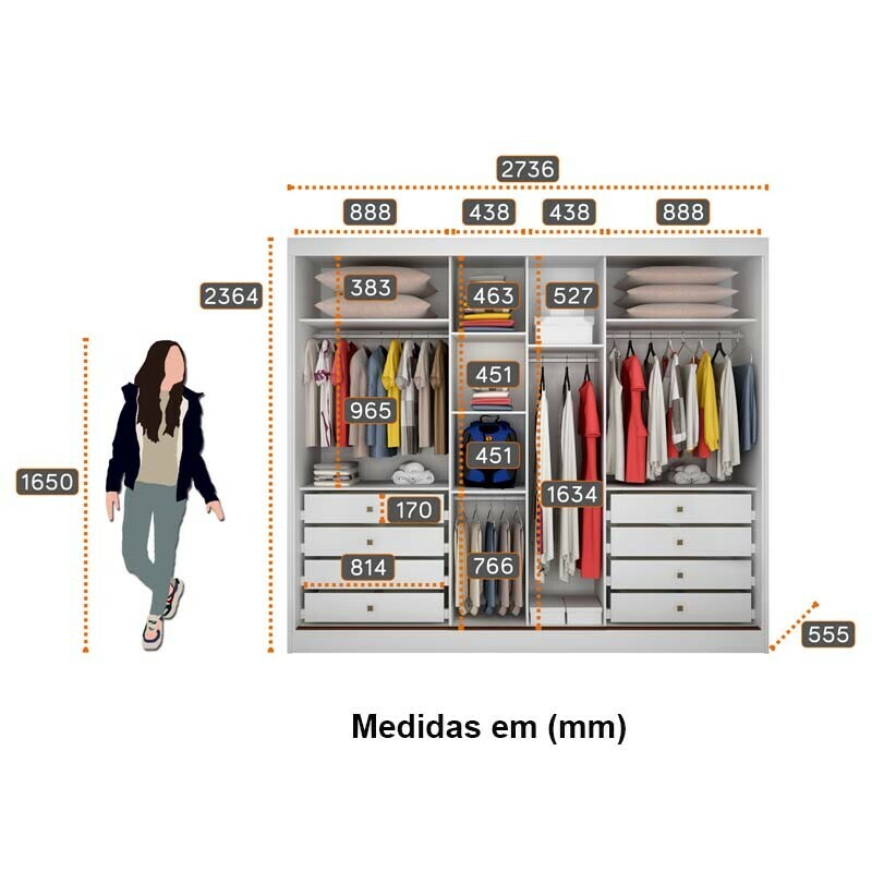Guarda-Roupa Casal 3 Pts 8 Gav. Sollo Plus c/1Espelho 100% MDF Cumaru/Fendi Larg. 2.73m Novo Horizonte - Imagem 5