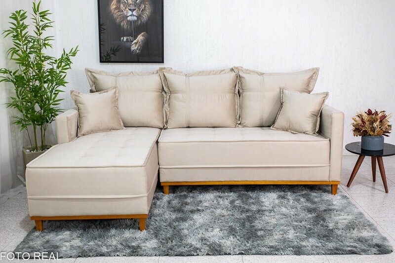 Sofá 3 Lug. Milão C/Chaise Lado Direito Veludo Bege 818 Larg. 2.30m - Molas Ensacadas - Imagem 2