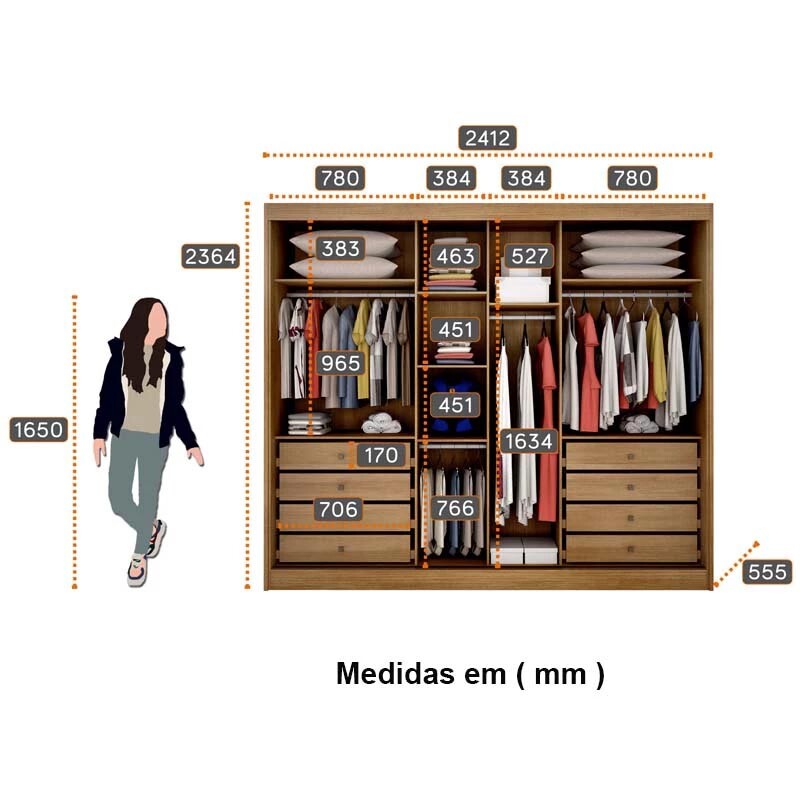 Guarda-Roupa Casal 3 Pts 8 Gav. Diamond Plus Ripado 3D c/1 Espelho 100% MDF Cumaru Larg. 2.41m Novo Horizonte - Imagem 3
