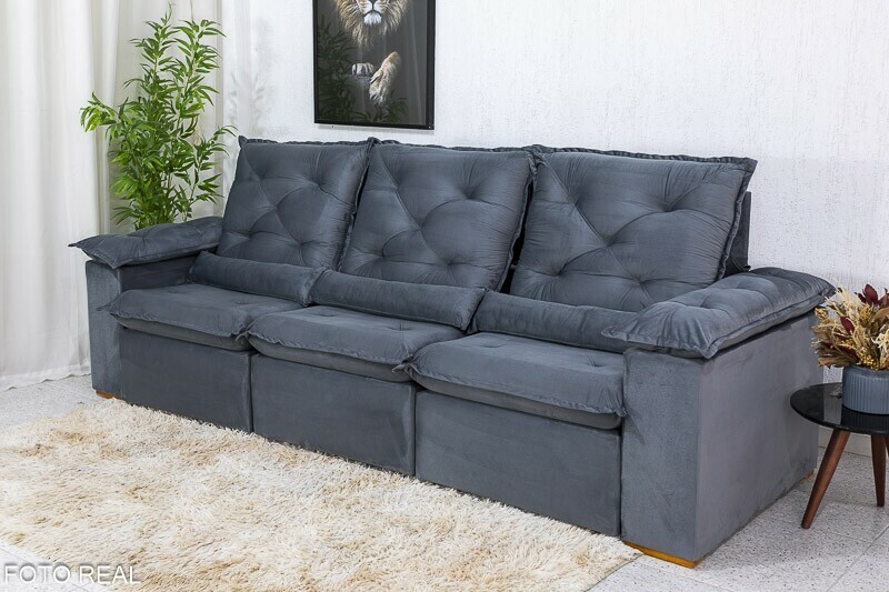 Sofá Retrátil Reclinável 2.70m Roma Veludo Cinza 20 - D28 Soft - Imagem 4