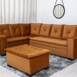 Sofá Canto 5 lugares com Puff Alemanha Veludo Terracota A62