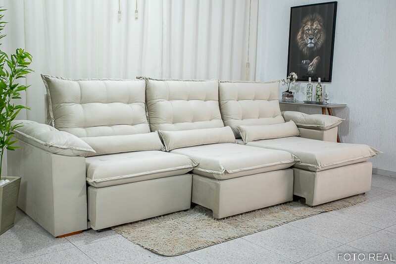 Sofá Retrátil Reclinável Emanuelly Veludo Bege 01 Larg. 3.20m - D28 Soft - Imagem 7