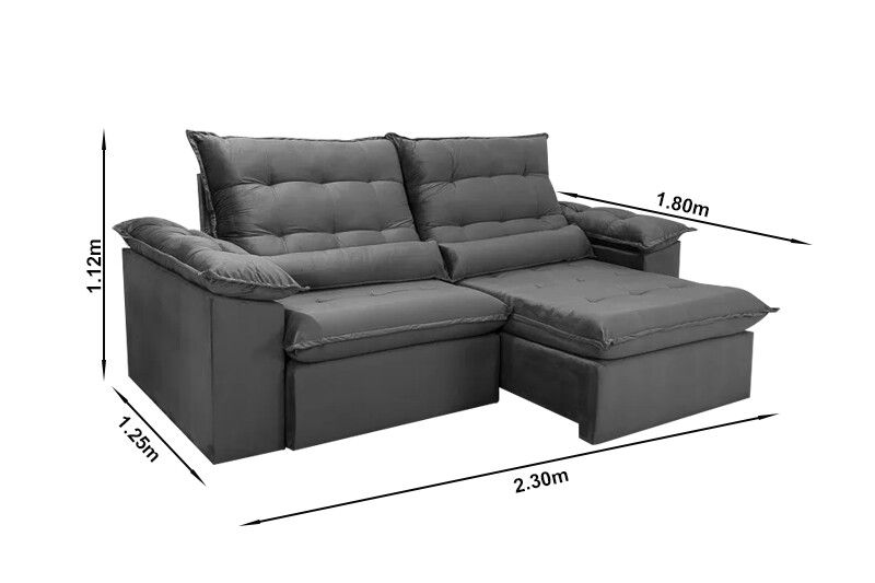Sofá Retrátil Reclinável 2.30m Emanuelly Veludo Cinza 20 - D28 Soft - Imagem 9