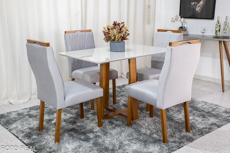 Mesa de Jantar Pedro Mel Vidro Off 120×80 4 Cadeiras Lisboa Veludo Prata 514 Madeira Maciça Art Assento - Entregue Montada - Imagem 3