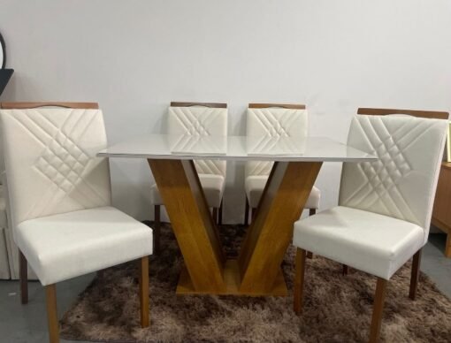 Mesa Classic 120 Cinamomo/Off White com 4 Cadeiras Helena Veludo Bege – CEL MÓVEIS + OURO DECOR - Imagem 2