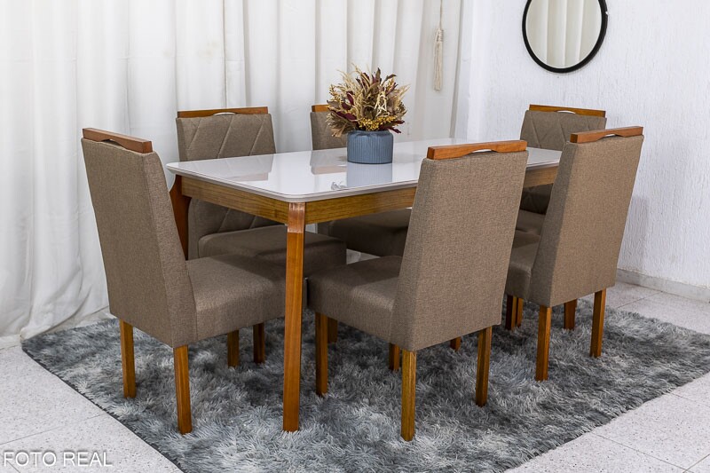 Mesa de Jantar Alegra Tampo Vidro Off 160×80 6 Cadeiras Diamante Linho Capuccino 29033 JCM Madeira Maciça - Imagem 2