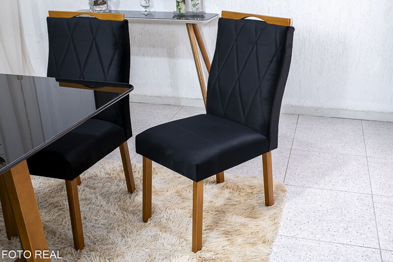 Mesa de Jantar Pedro Mel Vidro Preto 90×90 4 Cadeiras Lisboa Veludo Preto 504 Madeira Maciça Art Assento - Entregue Montada - Imagem 4