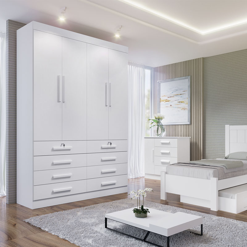 Guarda-Roupa Solteiro Mônaco 4 Portas 8 Gavetas Branco Larg. 1.60m D Doro