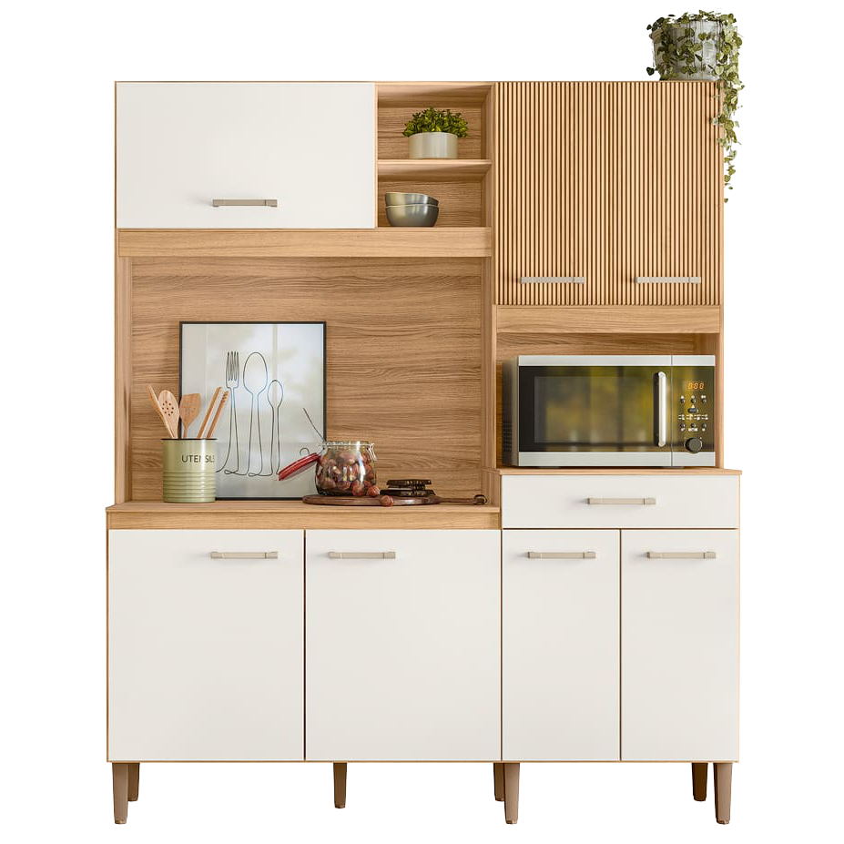 Kit Cozinha Yara 1,60 m Freijó/Off White Cristal/Ripado - NICIOLI - Imagem 2