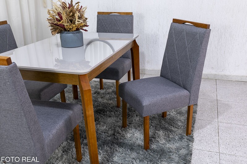 Mesa de Jantar Alegra Tampo Vidro Off 120×80 4 Cadeiras Diamante Linho Cinza 2904 JCM Madeira Maciça - Imagem 4