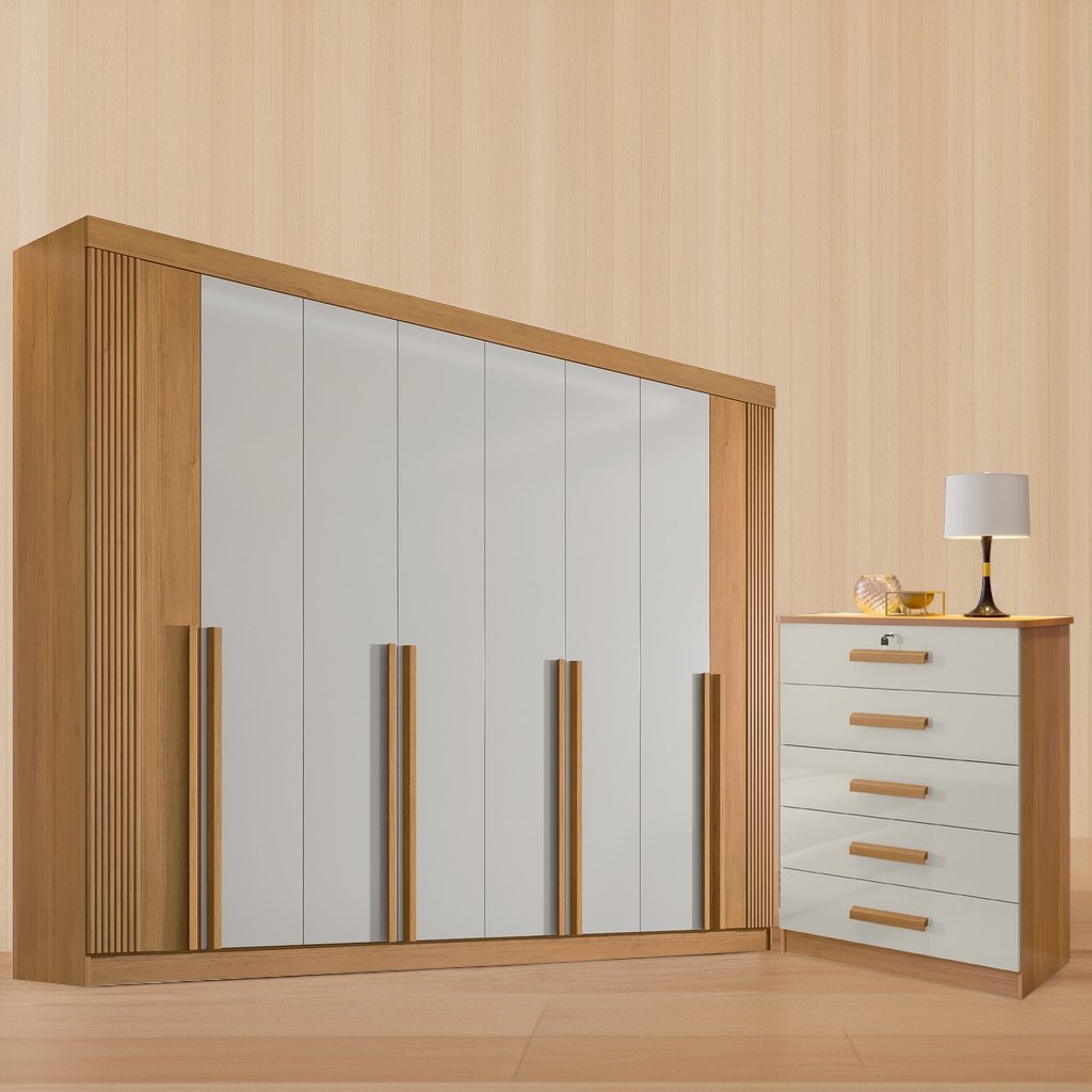 Guarda-Roupa 8 Portas Daymond Cinamono/Off White/Ripado + Cômoda Ipanema Cinamono/Off White – D’DORO MÓVEIS