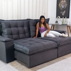 Sofá Retrátil Reclinável Atenas 2.30m Veludo Cinza 814 - D33 e Molas Ensacadas