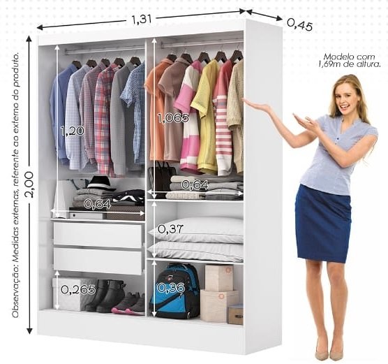 Guarda-Roupa 2 Portas Santiago/Belém Plus 1,31 m Branco - CARIOCA MÓVEIS - Imagem 4