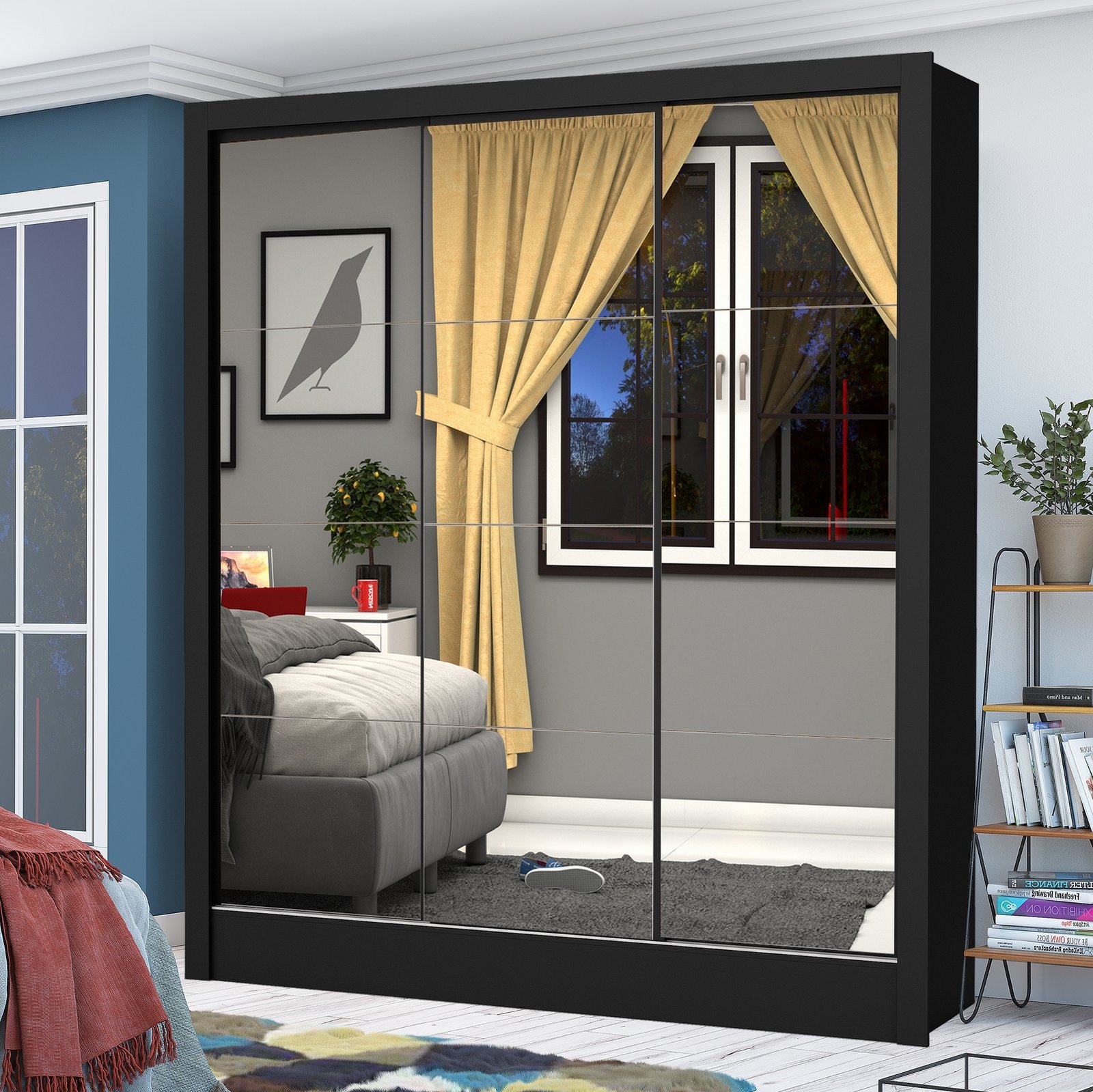 Guarda-Roupa Dubai/Santiago Premium(3 Portas espelhadas) 1,79 m Preto – CARIOCA MÓVEIS