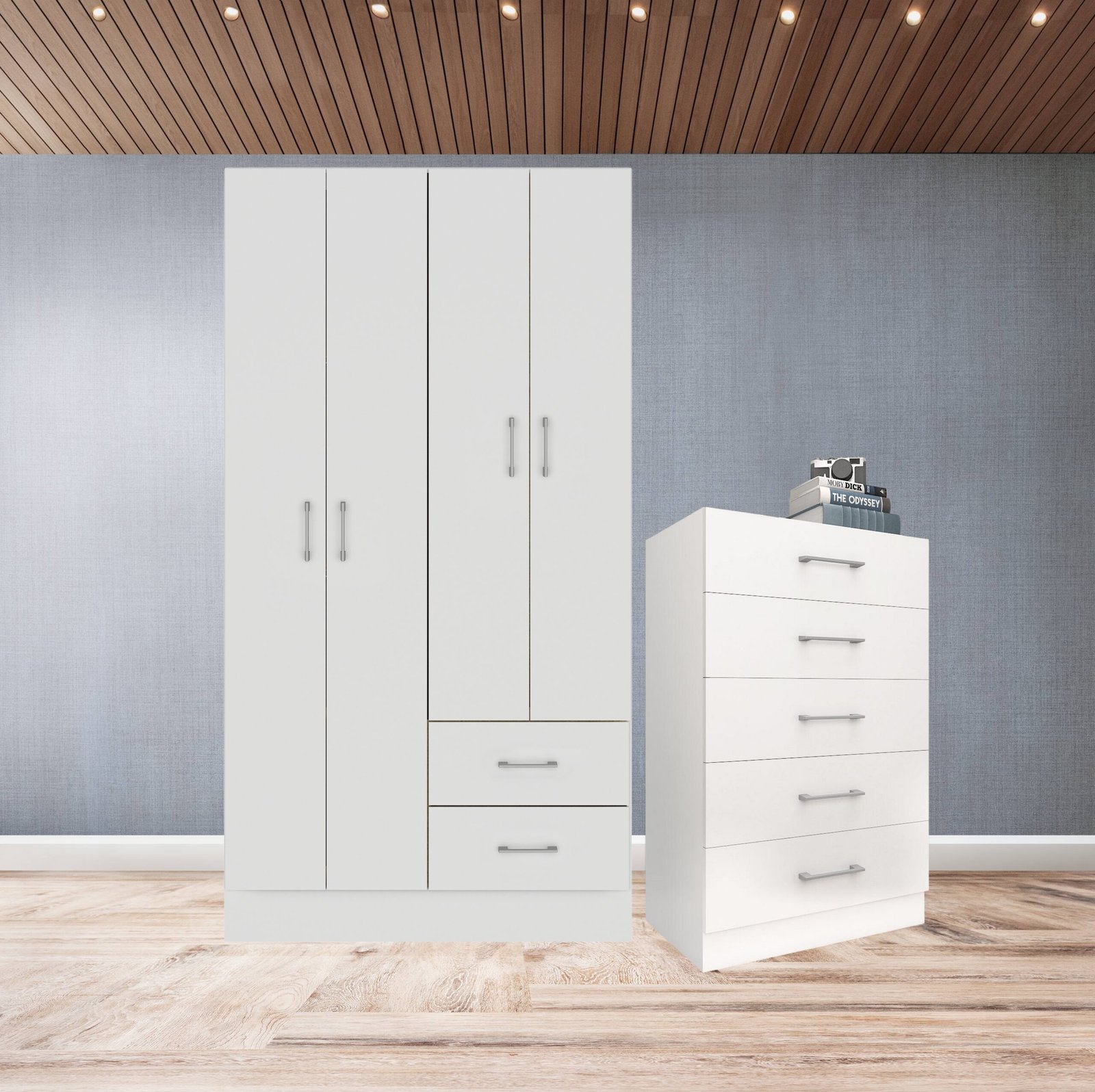 Guarda-Roupa 4 Portas Panamá 4002 + Cômoda 5 Gavetas Aruba Branco - FELLICCI