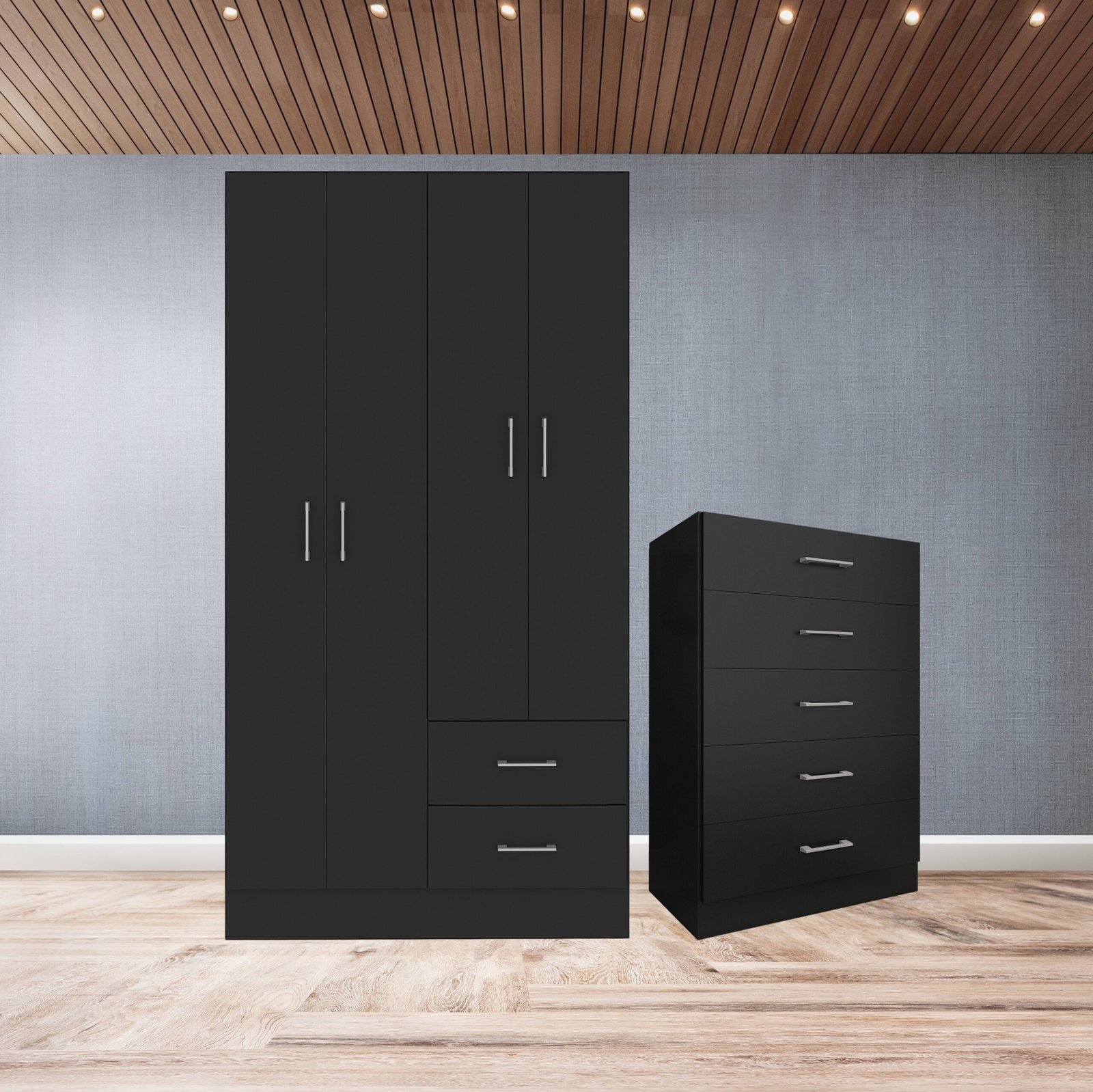 Guarda-Roupa 4 Portas Panamá 4002 + Cômoda 5 Gavetas Aruba Preto - FELLICCI