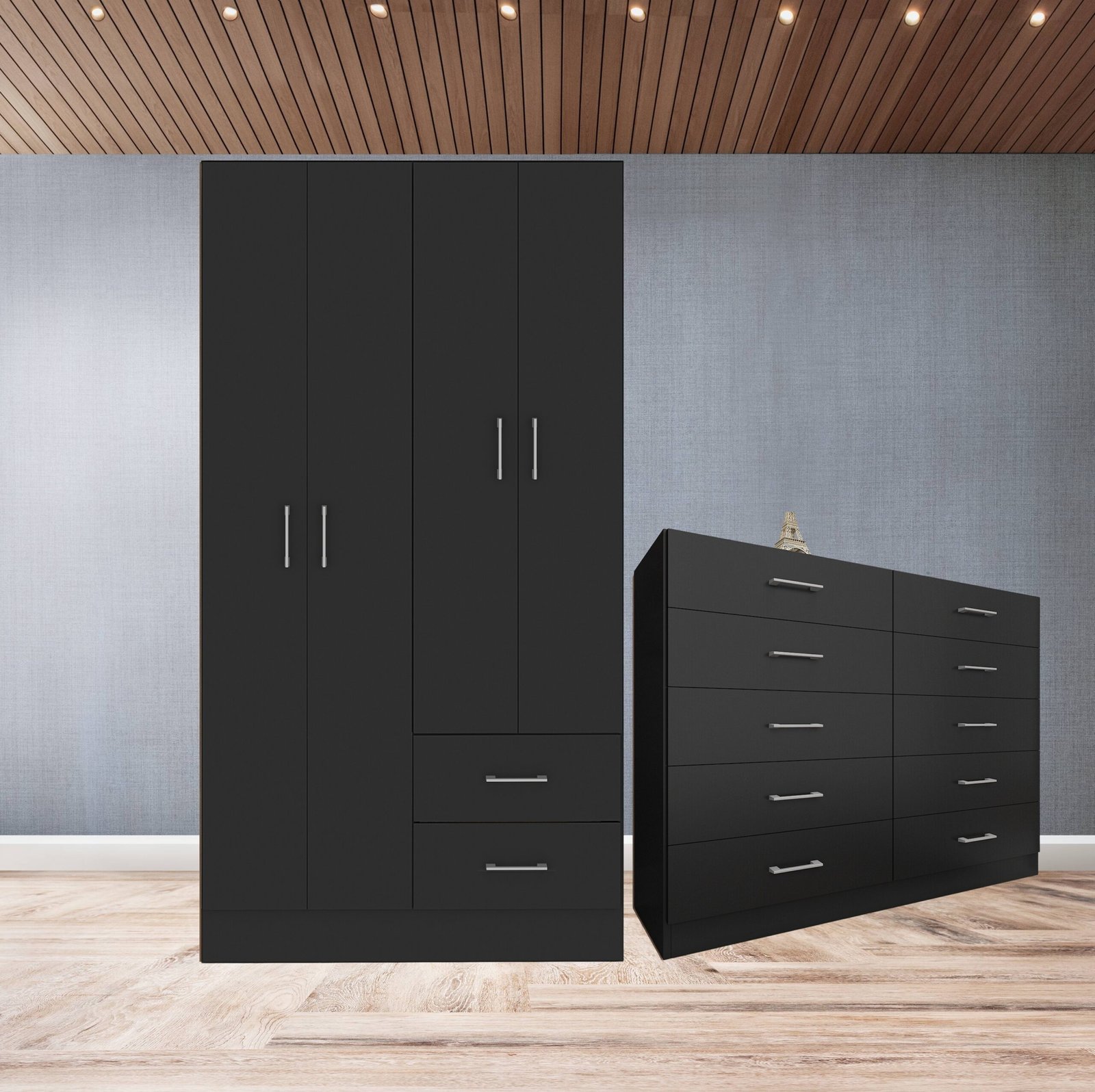 Guarda-Roupa 4 Portas Panamá 4002 + Cômoda 10 Gavetas Caribe Preto – FELLICCI