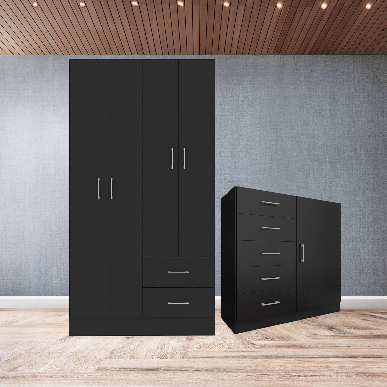Guarda-Roupa 4 Portas Panamá 4002 + Cômoda 5 Gavetas Sapateira Miami Preto - FELLICCI