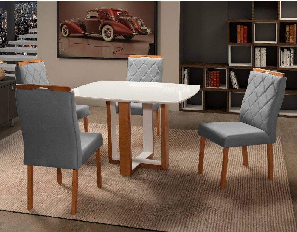 Mesa Atlas Mel/Off White Canto Barril 120×90 com 4 Cadeiras Lisboa Cinza – ART ASSENTOS