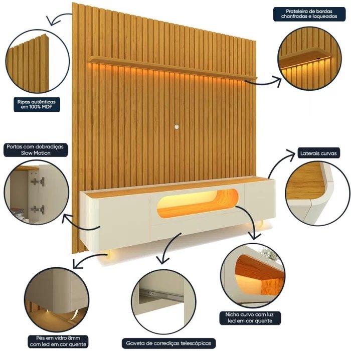 Painel Nobre 230 Naturale + Rack Nobre 210 Off White/Naturale - GELIUS - Imagem 3