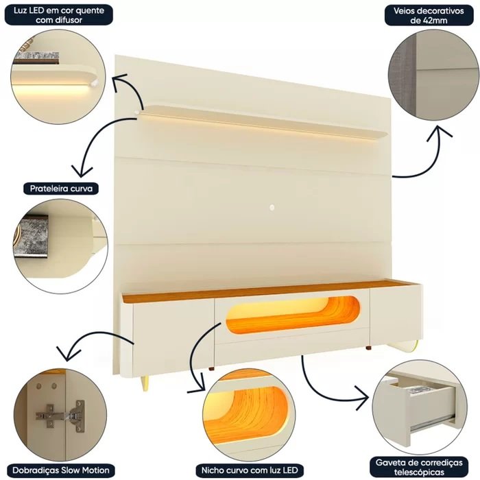 Painel até 85" Royal 220 Off White + Rack Nobre 210 Off White/Naturale - GELIUS - Imagem 4