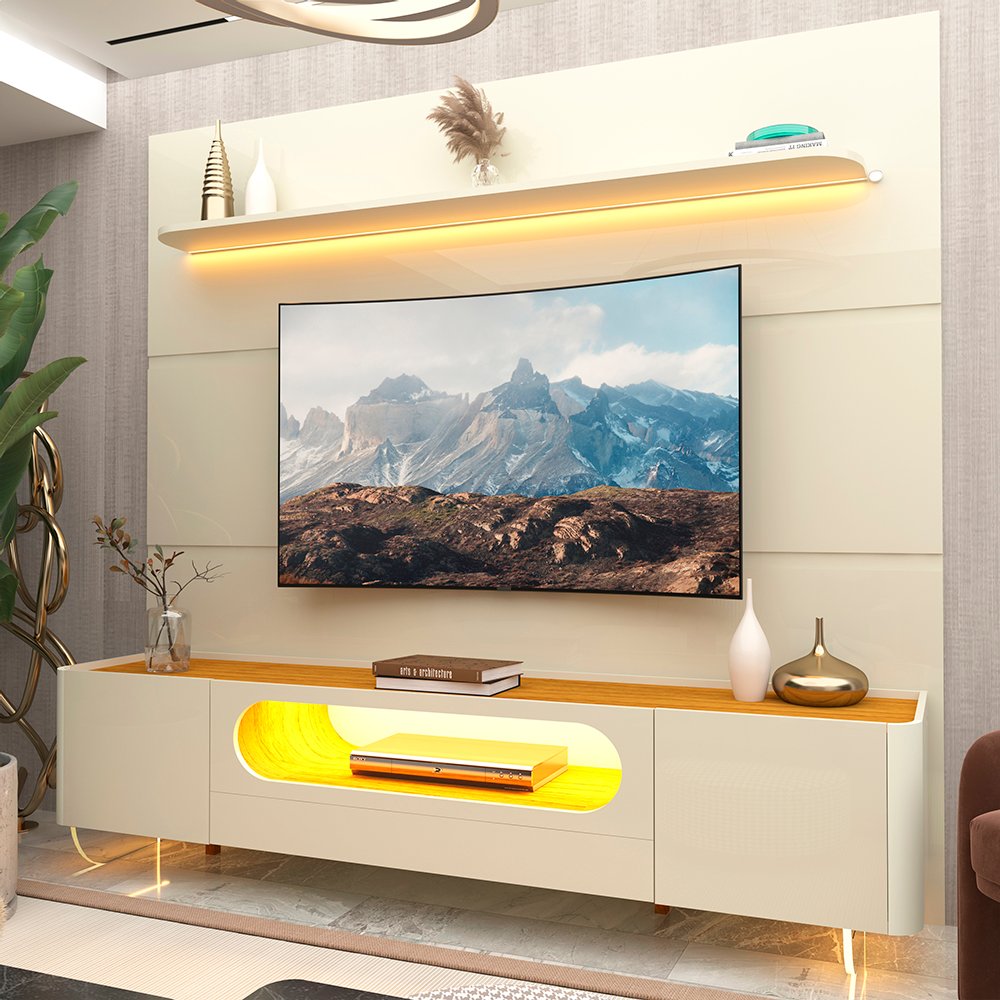 Painel até 85" Royal 220 Off White + Rack Nobre 210 Off White/Naturale - GELIUS