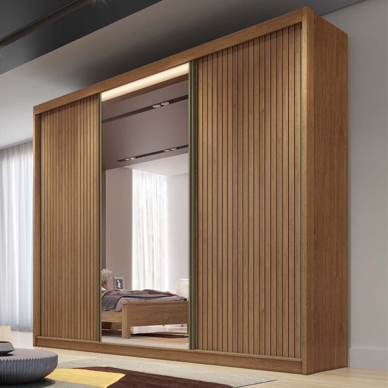 Guarda-Roupa Casal 3 Pts 8 Gav. Diamond Plus Ripado 3D c/1 Espelho 100% MDF Cumaru Larg. 2.41m Novo Horizonte