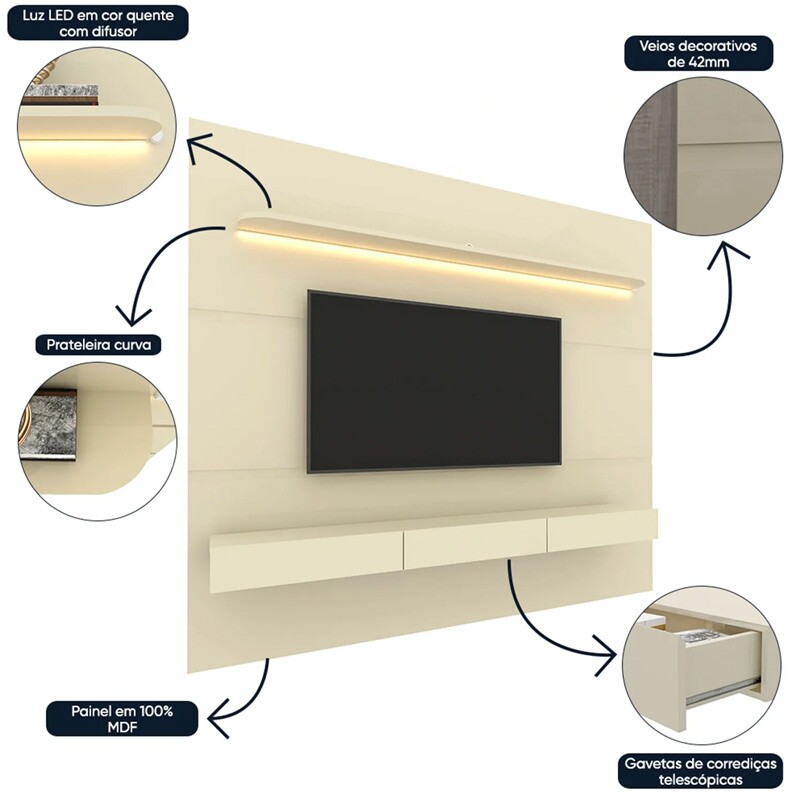 Home Royal C/Led TV até 85 Polegadas Larg. 2.19m Off White Gelius - Imagem 4