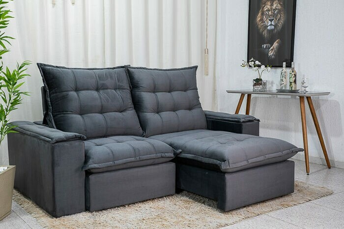Sofá Retrátil Reclinável Atenas Veludo Cinza 814 Larg. 2.10m - D33 e Molas Ensacadas - Imagem 5